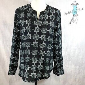 Ann Taylor long sleeve vneck aqua print blouse top size medium